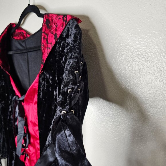 Leg Avenue Size M L Black Red Velour Mini Dress Lace Bell Flare Sleeves Lace Up - Picture 3 of 6